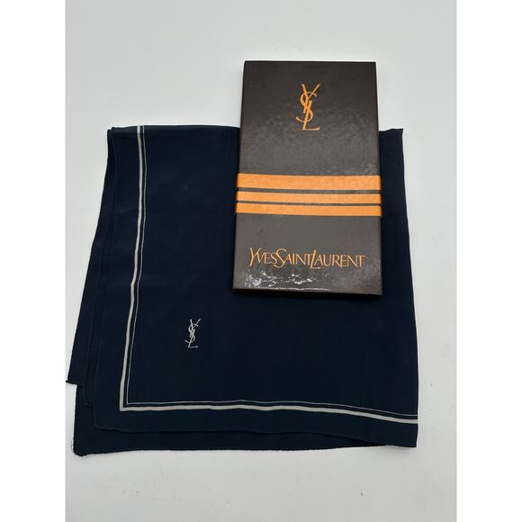 YSL yves st laurent silk Navy Logo scarf vintage box Minimalist boarder square - Picture 9 of 11
